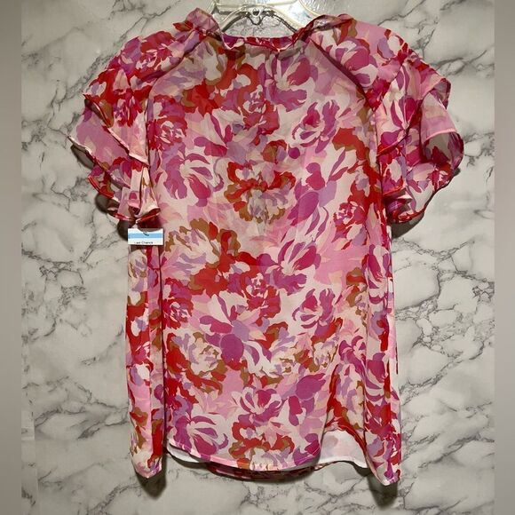 Steve Madden Womens Pink Orange White Floral Flutter Sleeve Blouse Shirt Medium - Picture 7 of 8